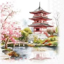 4 serviettes en papier découpage collage 33 cm JAPON TEMPLE FLEUR