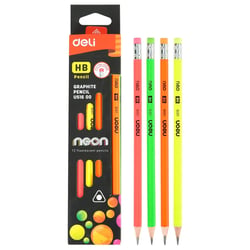 Lot de 12 crayons graphite HB DELI - Corps triangulaire - Couleurs néon assorties - Gomme