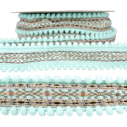 Bobine 10m Galon jacquard pompons Vert Nil 37mm