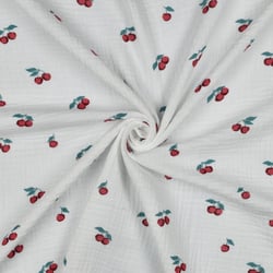 Tissu Double gaze de Coton Bio Capri petites cerises sur fond Blanc cassé
