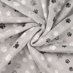 Tissu Doudou imprimé Patte de chien et os sur fond Gris clair - Au mètre