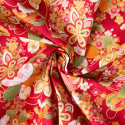 Tissu Coton imprimé  lurex Arty Japan flower sur fond Rouge