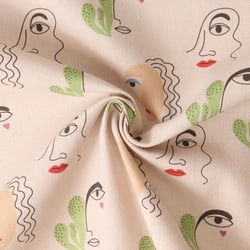 Tissu coton imprimé Cielo Dessin visages sur fond Beige