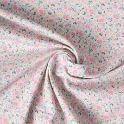 Tissu Coton imprimé Liberté floral rose bleu sur fond Blanc