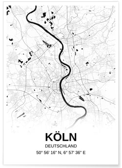 Affiche carte Köln - rectangle Noir et Blanc | A3 : 29,7x42cm
