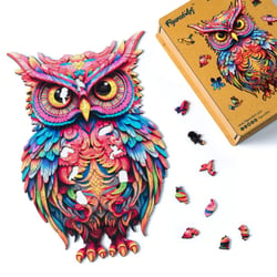 Puzzle en Bois Adulte et Enfant Figured'Art 200 pièces Animaux - Chouette radieuse - Design Original 20,3x32 cm Forme Unique avec Coffret en bois Premium, Parfait pour Offrir en Cadeau