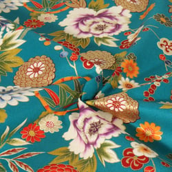 Tissu coton imprimé motifs floraux Japonais sur fond Bleu turquoise