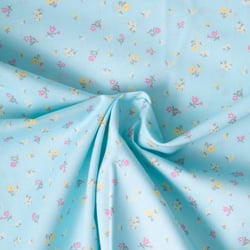 Tissu Popeline de Coton légère Petites fleurs jaune pastel et rose framboise sur fond Bleu lagon
