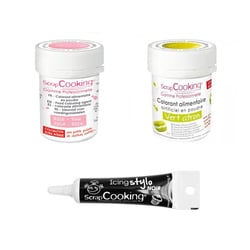 2 colorants alimentaires vert citron-rose poudré + Stylo glaçage noir