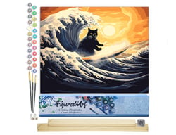 Peinture par Numéro Figured'Art - La Grande Vague du Chat Noir - Kit de Loisir Créatif DIY Numéro d'Art Complet - 40x50cm toile roulée + châssis en bois à monter