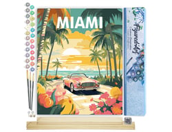 Peinture par Numéro Figured'Art - Affiche de voyage Miami au coucher du soleil - Kit de Loisir Créatif DIY Numéro d'Art Complet - 40x50cm toile roulée + châssis en bois à monter