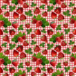Tissu Coton imprimé Rayures rouge et fraises sur fond Blanc