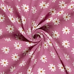 Tissu Double gaze de Coton Gérone fleurs Blanc sur fond Rose