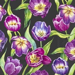 Lot de 4 serviettes en papier découpage collage 33 cm FLEUR TULIPE FOND NOIR FL 511