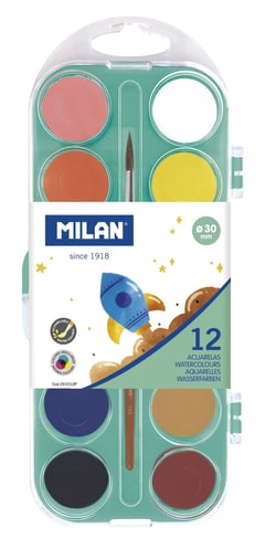 Étui 12 pastilles d'aquarelle opaque de Ø30mm avec pinceau