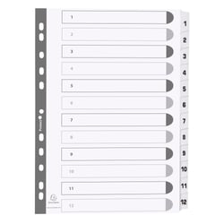 Intercalaires imprimés à touches plastifiées - 12 touches 1 à 12 - A4 - Blanc - x 25 - Exacompta