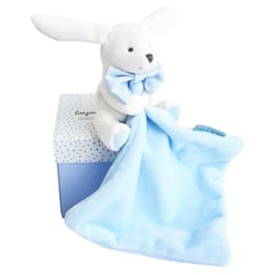 Doudou Lapin Mouchoir bleu boite Fleur - Doudou et Compagnie
