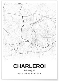 Affiche carte Charleroi - rectangle Noir et Blanc | A3 : 29,7x42cm