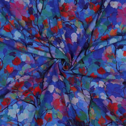 Tissu Viscose imprimé digital petites feuilles Multicolores sur fond Bleu cobalt