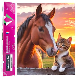 Diamond Painting Broderie Diamant LUMINLIFE 40x50cm, 100% strass, diamants ronds - Cheval et chat
