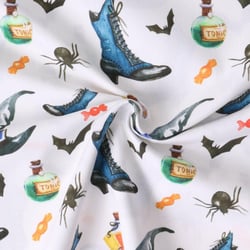 Tissu Coton imprimé  Mystiboots bottes de sorcières Bleu sur fond Blanc - Au mètre