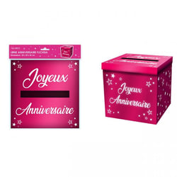 Urne - Joyeux anniversaire - Rose métallisé - 20x20x20cm - Carton - A monter - Cagnotte