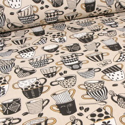 Tissu Toile de Coton Café time sur fond Naturel