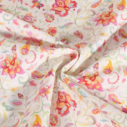 Tissu Canvas Polyester Arabesque floral sur fond Blanc