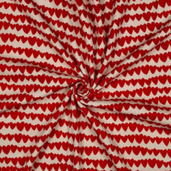 Tissu Jersey cotêlé Bio Poppy petits coeurs Rouge sur fond Naturel