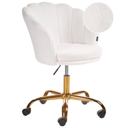 Chaise de Bureau Blanche en Boucle Glamour Fauteuil Coquillage Pivotant à Base en Etoile Dorée Assise Réglable avec Vérin Frein de Sécurité