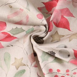 Tissu Toile de Coton  Céleste fleurs de poinsettias sur fond Ecru