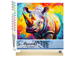 Peinture par Numéro Figured'Art - Rhinocéros Coloré Abstrait - Kit de Loisir Créatif DIY Numéro d'Art Complet - 40x50cm toile roulée + châssis en bois à monter