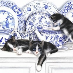 Lot de 4 serviettes en papier découpage collage 33 cm CHAT PORCELAINE CHINOISE A 1003