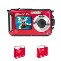 AGFAPHOTO Realishot WP8000 + 2 Batteries - Appareil Photo Numérique Étanche, 3m/10, 24 MP, Vidéo Full HD, Double écran LCD, Zoom Digital 16x, Stabilisateur Numérique - Rouge