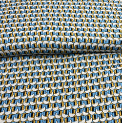 Tissu Viscose Formes Géo sur fond Bleu ciel