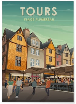 Affiche vintage ville Tours - Place Plumereau 2 | A3 : 29,7x42cm