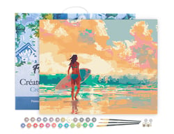 Peinture par Numéro Figured'Art avec Cadre - Surfeuse à l'aube - Kit de Loisir Créatif DIY Numéro d'Art Complet - 40x50cm toile tendue sur châssis