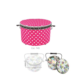 Boîte à couture ronde 22x13,5cm fuchsia pois blancs