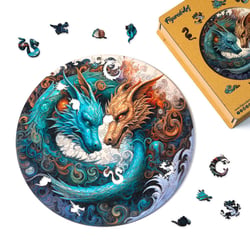 Puzzle en Bois Adulte et Enfant Figured'Art 200 pièces Animaux - Duo de Dragons - Design Original 28,5x28,5 cm Forme Unique avec Coffret en bois Premium, Parfait pour Offrir en Cadeau