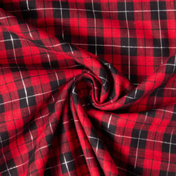 Tissu Coton Tartan Ecossais Noir Lurex sur fond Rouge