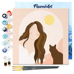 Mini Peinture par Numéro Figured'Art 20x20cm avec cadre Femme et son Chat - Petit Format