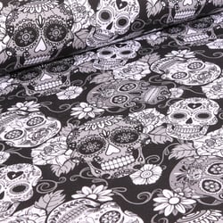 Tissu Jersey Coton Tête de morts et rose sur fond Noir