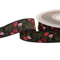 Bobine 15m galon jacquard fleurs noir 24mm