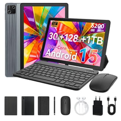 Tablette 10’’ Octa-Core 30Go RAM, 128Go+1To Extensible, Android 15, Certification Widevine L1 – avec Clavier, Souris, Stylet - Gris