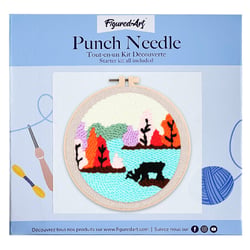 Figured'Art Punch Needle Kit Complet pour Adultes et Enfants - Renne au bord d'un Lac - Parfait pour Débutant. Set prêt à broder taille 20x20cm avec cadre circulaire