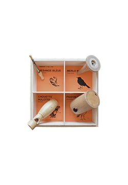 Coffret bois 4 appeaux - Merle-Hulotte-Mésange bleue-Pigeon