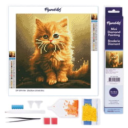 Mini Diamond Painting Broderie Diamant Figured’Art 25x25cm toile entière roulée avec diamants ronds - Mignon Petit Chaton Orange