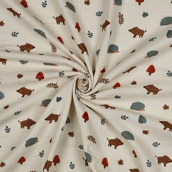 Tissu Double gaze de Coton Bio Edgar animaux de la forêt sur fond Ecru