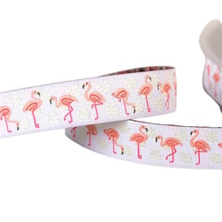 Galon jacquard flamants roses blanc 16mm au mètre