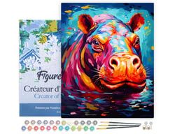 Peinture par Numéro Figured'Art avec Cadre - Hippopotame Coloré Abstrait - Kit de Loisir Créatif DIY Numéro d'Art Complet - 40x50cm toile tendue sur châssis